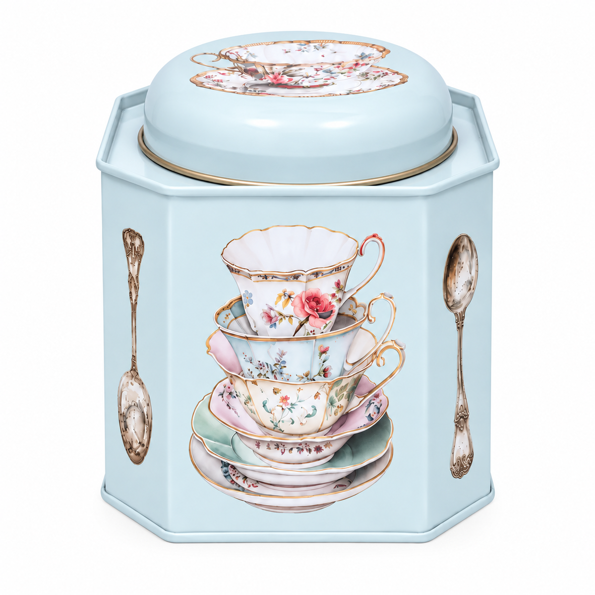 Tea Caddy Cup and Spoon w Dome Lid Pale Blue