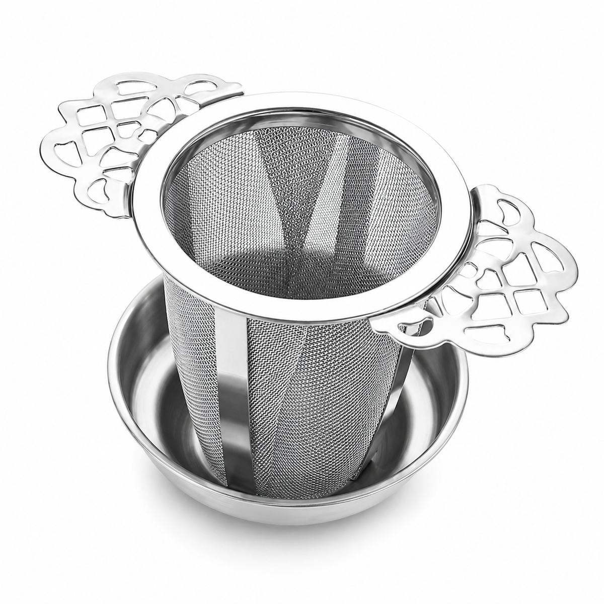 Hang-in-Cup Tea Infuser 'Vintage Lace' Stainless Steel w Drip Bowl